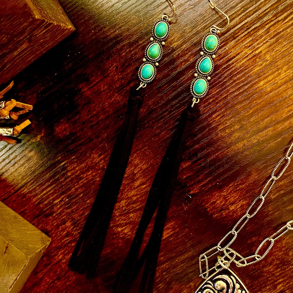 Sassy Cowgirl Turquoise With black Tassels Earrings